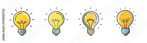 Four glowing hand-drawn light bulbs symbolize innovation and ideas