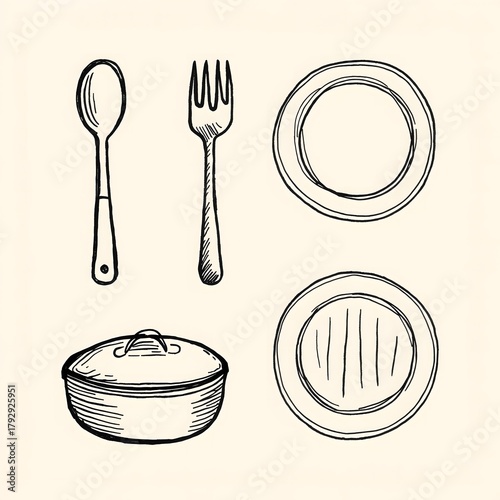 Hand Drawn Cutlery and Kitchenware Set