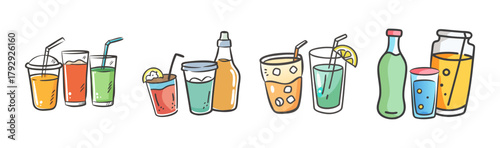 Assorted doodle style refreshing drinks in various containers.