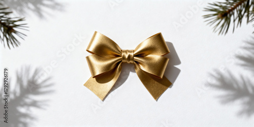 Fototapeta Naklejka Na Ścianę i Meble -  Golden satin bow on a white background. Christmas holiday decoration with fir branches and shadows. Top view flat lay with copy space for a greeting card