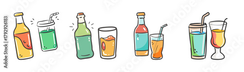 Doodle refreshing drinks: colorful bottles and glasses vector set