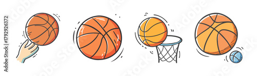 Basketball elements cartoon vector set: spin, dribble, shoot, bounce play