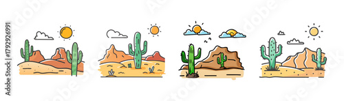 Cartoon desert landscapes with saguaro cacti, rocky hills, sun
