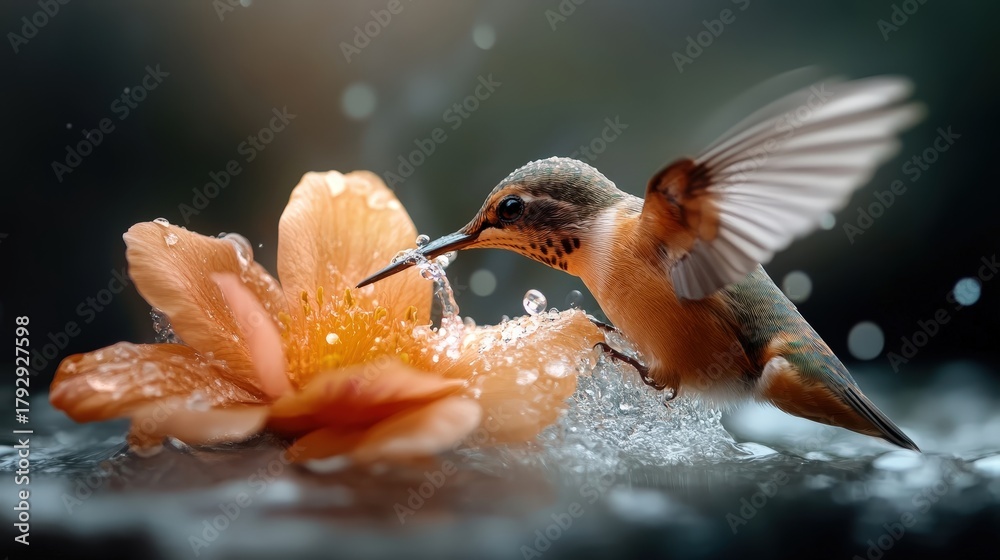 Obraz premium This stunning close-up showcases a hummingbird amidst droplets of water as it indulges in nectar from a vibrant flower, representing the beauty and delicacy of nature's intricate relationships.