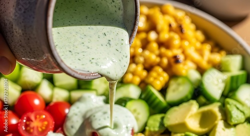 Pouring creamy green dressing over fresh summer salad