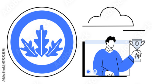 Oak leaf badge symbol representing achievement alongside a man holding a trophy during an online event. Ideal for certifications, awards, gamification, branding, incentives, e-learning, recognition