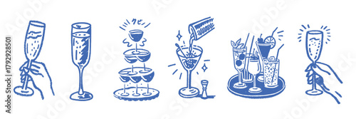 Vintage hand drawn champagne and cocktail drink illustrations for bar menu, event, party, and celebration design