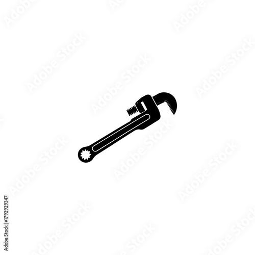 Monochromatic silhouette illustration of an adjustable pipe wrench tool 