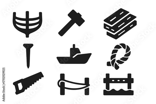 Shipbuilding Tools Icons. Solid style icons of Shipbuilding: Hull Frame, Hammer, Wooden Planks, Nail, Saw, Ship Outline, Rope,