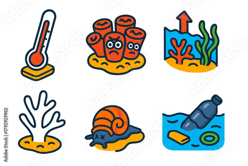 Coral Bleaching Icons. Isometric vector illustration set Coral Bleaching: Thermometer, Stressed Polyps, Warming Waters, White