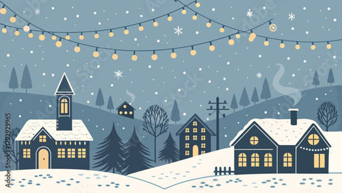 Cozy winter village scene with glowing lights and gentle snowfall creates a magical holiday atmosphere perfect for seasonal promotions and designs.