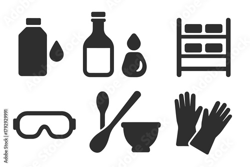 Soap Making Essentials. Solid style icons of Soap Making: Lye, Oils, Mold, Curing Rack, Safety Goggles, Wooden Spoon, Rubber