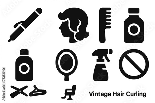 Vintage Hair Styling Icons. Solid style icons of Vintage Hair Curling: Heated Rod, Hair, Comb, Setting Lotion, Mirror, Spray