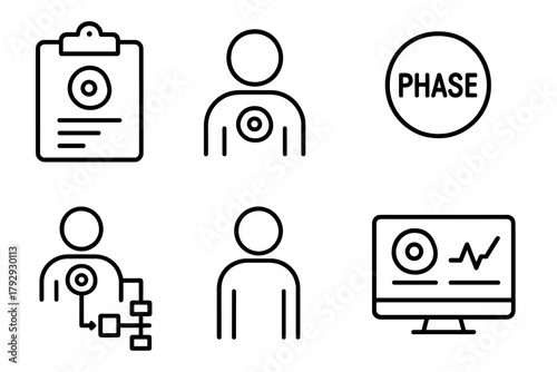 Stem Cell Research Icons. Line style icons of stem cell research: clinical trials, test subject icon, phase badge, patient test