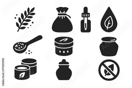 Herbal Remedies Icons. Solid style icons of Herbal Remedies: Dried Herbs, Cloth Pouch, Glass Dropper, Wooden Spoon, Herb Grinder,
