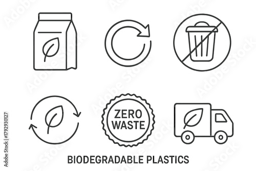 Biodegradable Plastics Icons. Line style icons of biodegradable plastics: zero-waste packaging, circular arrow icon, no trash