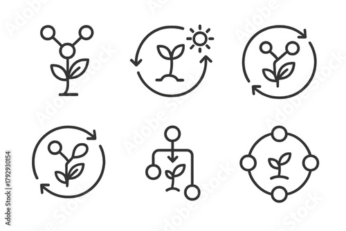 Artificial Photosynthesis Icons. Line style icons of artificial photosynthesis: synthetic metabolism, artificial photosynthetic