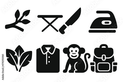 Jungle Ironing Icons. Solid style icons of Jungle Ironing: Tree Branch, Ironing Board, Machete, Iron, Canopy Leaves, Folded Shirt,