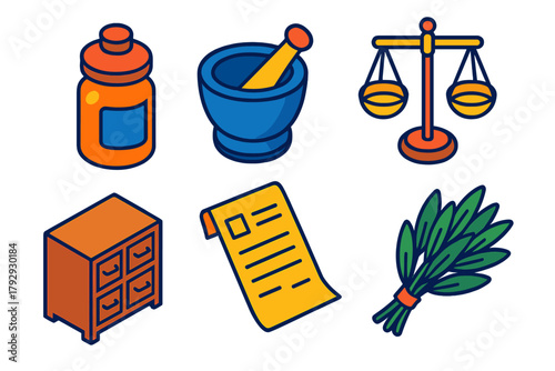 Vintage Pharmacy Icons. Isometric vector illustration set Vintage Pharmacy: Apothecary Jar, Mortar and Pestle, Prescription,