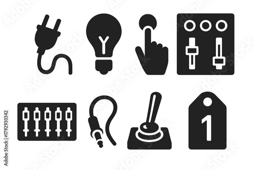 Manual Connection Icons. Solid style icons of Manual Connections: Plugged Cord, Light Indicator, Operator Hand, Wooden Console,