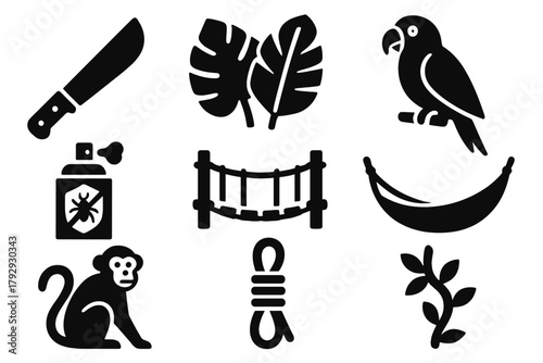 Jungle Trekking Icons. Solid style icons of jungle trekking: machete, tropical leaves, parrot, rope bridge, insect repellent,