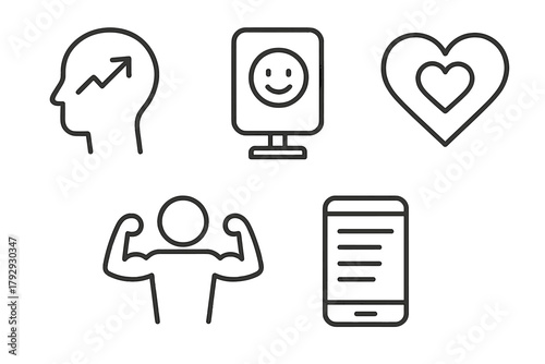 Mental Health Icons. Line style icons of mental health: self-esteem and confidence, upward arrow inside head, mirror with smile