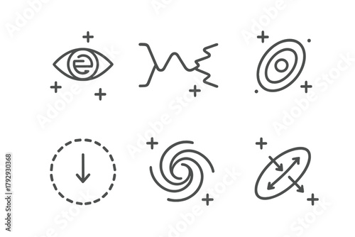Dark Matter Icons. Line style icons of dark matter: gravitational lensing effect, warped light path, mass distortion ring,