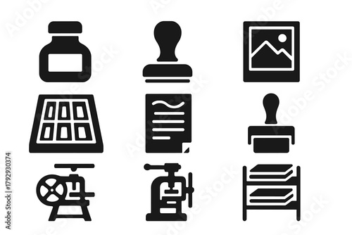 Retro Print Shop Icons. Solid style icons of Retro Print Shop: Glass Ink Bottle, Wooden Stamp, Letterpress Plate, Tray of Lead,