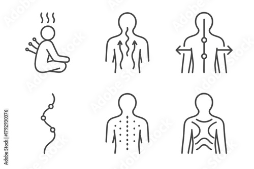 Acupuncture Energy Icons. Line style icons of acupuncture: energy healing through needles, Qi flow diagram, energy line balance,