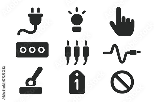 Manual Connection Icons. Solid style icons of Manual Connections: Plugged Cord, Light Indicator, Operator Hand, Wooden Console,