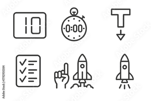 Space Exploration Icons. Line style icons of space exploration: launch countdown, mission clock, T-minus icon, final checklist,