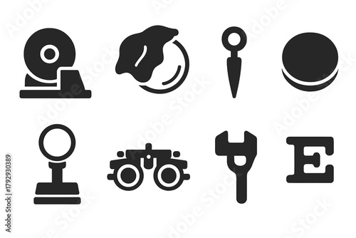 Lens Crafting Tools. Solid style icons of Lens Crafting: Grinding Wheel, Polishing Cloth, Brass Tool, Glass Disc, Wooden Stand,