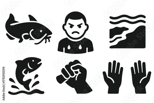 Extreme Fishing Icons. Solid style icons of Extreme Fishing: Large Catfish, Determined Face, Wet Shirt, Muddy Bank, River Current,