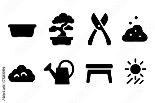 Solid Bonsai Icons. Solid style icons of Miniature Bonsai: Pot, Tiny Tree, Pruning Shears, Soil, Moss, Watering Can, Table,