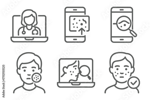 Telemedicine Dermatology Icons. Line style icons of telemedicine: dermatology online, skin condition photo upload, mole check