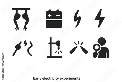 Early Electricity Icons. Solid style icons of Early Electricity Experiments: Frog Legs, Battery, Twitch, Electrodes, Stand, Sparks
