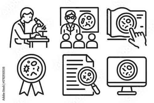 Microbiology Line Icon Set. Line style icons of microbiology: student lab training, microbiology classroom, experiment guide,