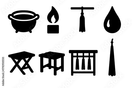 Old Candle Making Icons. Solid style icons of Old Candle Making: Iron Pot, Open Flame, Hanging Wick, Wax Drip, Wooden Stand, Rough