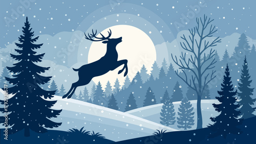 Majestic stag leaps across snowy forest landscape under a luminous full moon creating a magical winter wonderland scene