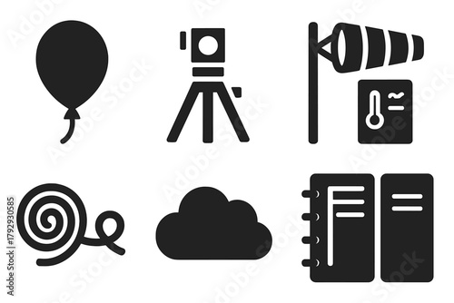 Balloon Launch Icons. Solid style icons of Balloon Launch Station: Balloon, Theodolite, Instrument Package, Forecast Sheet, Wind