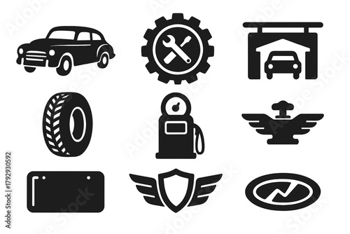 Vintage Automotive Icons. Solid style icons of Automotive Heritage: vintage car, service badge, garage sign, classic tire, old gas