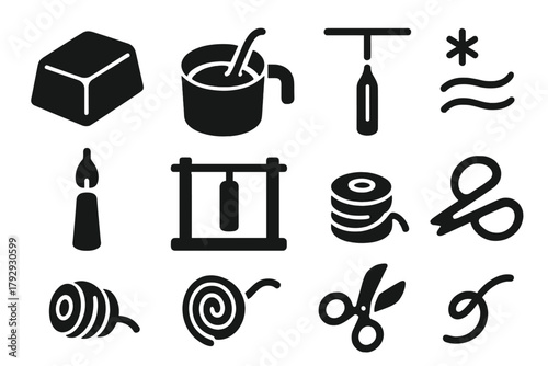 Traditional Candle Making Icons. Solid style icons of Traditional Candle Making: Wax Block, Melting Pot, Hanging Wick, Dipped