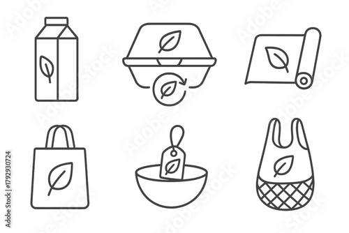 Vegan Diet Icons. Line style icons of vegan diet: eco-conscious packaging, compostable food container, biodegradable wrap icon,