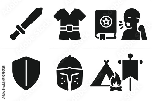 LARP Icons Collection. Solid style icons of LARPing: Foam Sword, Costume, Spellbook, Battle Cry, Shield, Helmet, Camp, Banner, No