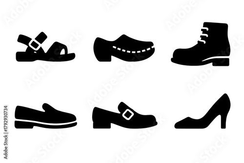 Solid Footwear Icons. Solid style icons of Handmade Footwear: Sandal Strap, Stitched Moccasin, Wooden Clog, Lace Boot, Loafer,