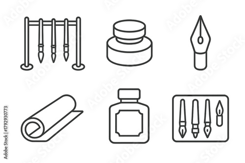 Calligraphy Tools Icons. Line style icons of Calligraphy Maintenance and Storage: brush drying rack, ink lid cap, cleaned nib,