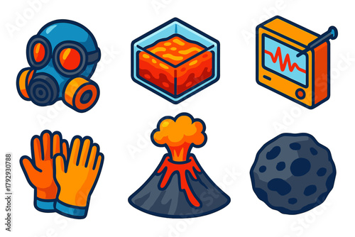 Volcanology Tools Icons. Isometric vector illustration set Volcanology: Gas Mask, Lava Sample, Seismograph, Eruption, Safety