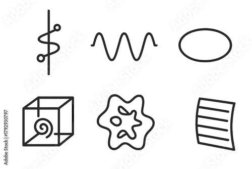 Particle Physics Icons. Line style icons of particle physics: string theory icon, vibrating string, closed string loop, compact