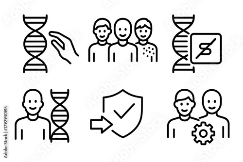 Cloning Technology Icons. Line style icons of cloning technology: genetic variation control, identical vs diverse icon, mutation