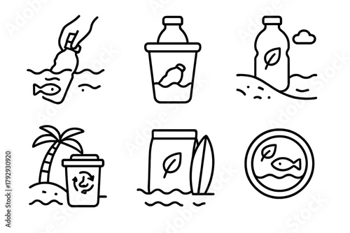 Biodegradable Plastics Icons. Line style icons of biodegradable plastics: ocean cleanup support, beach bin icon, collected bottle